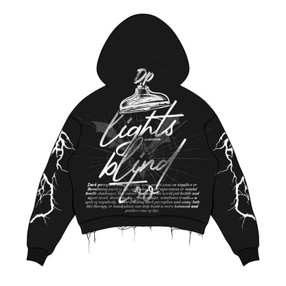 Black Graphic Streetwear Hoodie – Lightning Print & Script Design