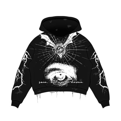 Black Graphic Streetwear Hoodie – Lightning Print & Script Design