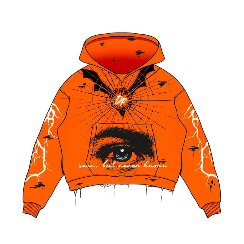 Orange Lightning Graphic Hoodie with Eye Artwork – Streetwear Design