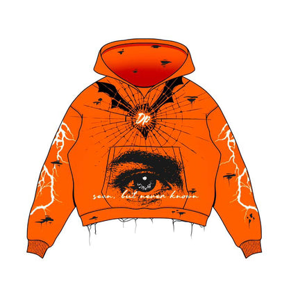 Orange Lightning Graphic Hoodie with Eye Artwork – Streetwear Design