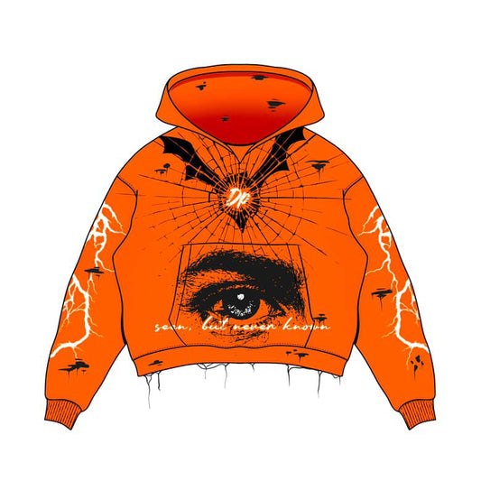 Orange Lightning Graphic Hoodie with Eye Artwork – Streetwear Design