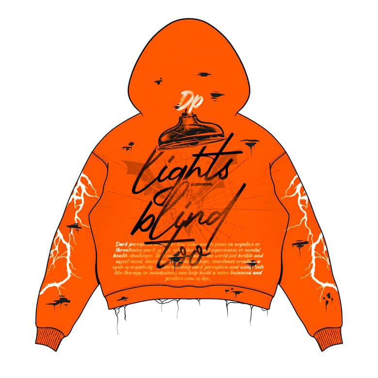 Orange Lightning Graphic Hoodie with Eye Artwork – Streetwear Design